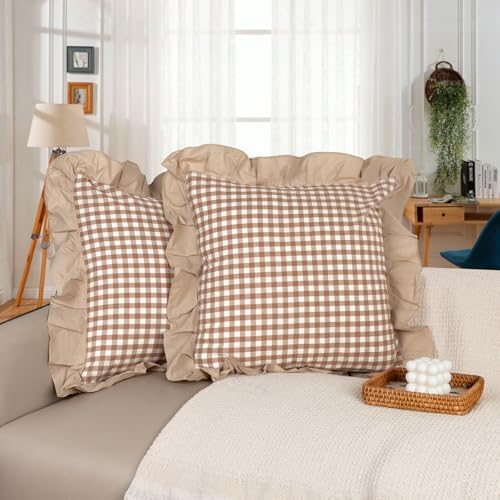 JoraLion Ruffled Throw Pillow Cover 20x20 Gingham Khaki Solid Edge by JoraLion