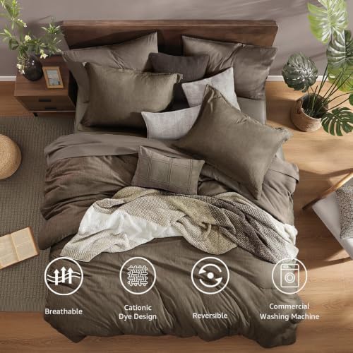 Monbix Queen Comforter Set 7 Pieces Cationic Dyeing Taupe Grey Bed in a Bag - Image 2