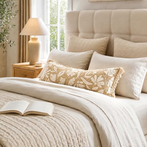 BlissBlush Long Lumbar Pillow Cover 14x36 Indoor Outdoor, Jute Inspired Floral - Image 3