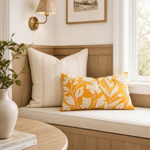 BlissBlush Lumbar Pillow Cover 12x20 Inch, Mustard Floral Tufted Velvet - Image 5