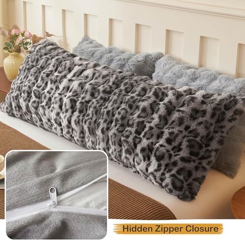 LIFEREVO Leopard Print Body Pillow Cover 20x54, Soft Faux Rabbit Fur Gray - Image 4