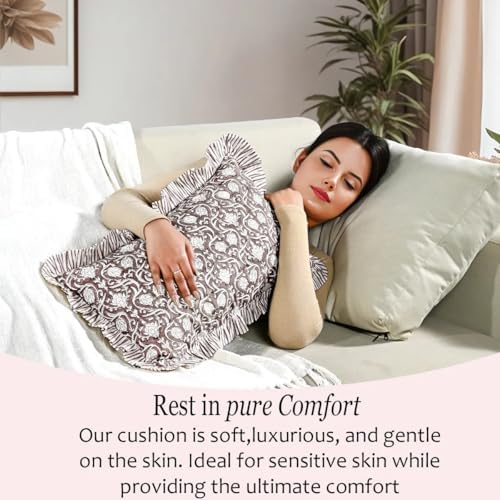 CPC Block Print Mocha Regal Ruffle Cotton Lumbar Pillow Cover 12x20 inch - Image 7