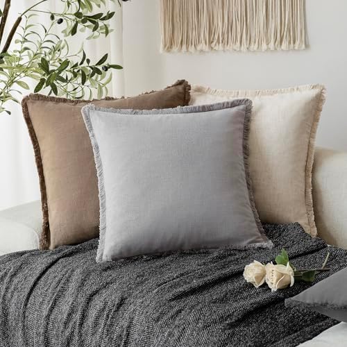 Foindtower Decorative Linen Fringe Throw Pillow Covers 26×26 Light Gray - Image 5