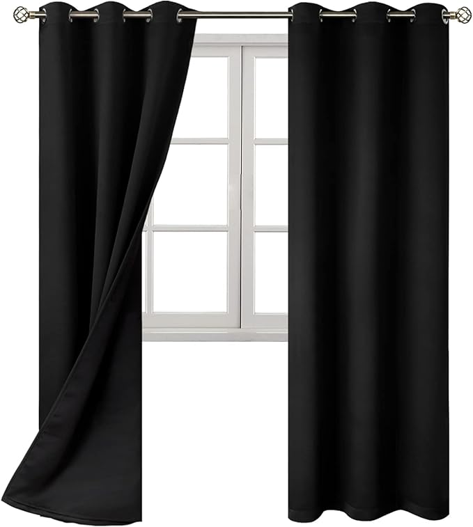 BGment Thermal Insulated 100% Blackout Curtains for Bedroom with Black Liner, Double Layer Full Room Darkening Noise Reducing Grommet Curtain (42 x 84 Inch, Black, 2 Panels)