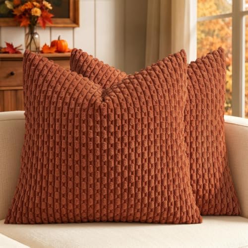 MIULEE Fall Decorative Throw Pillow Covers 18x18 Rust Textured Corduroy by MIULEE