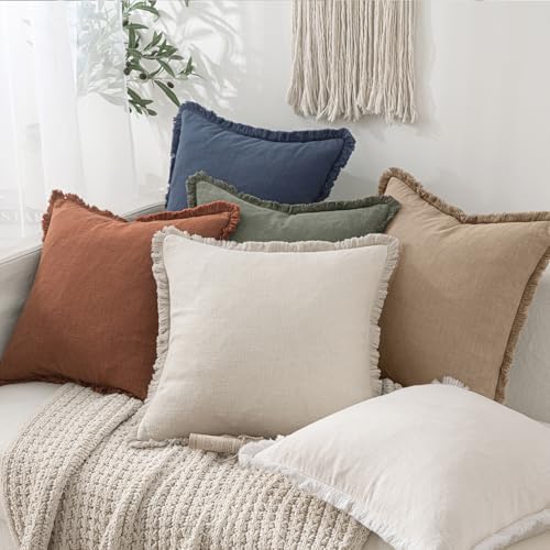 MIULEE Boho Linen Fringe Decorative Throw Pillow Covers Camel 18x18 - Image 6