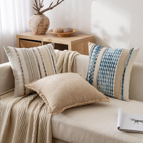 ANRODUO Boho Decorative Throw Pillow Covers Gray Stripe 18x18 Pack of 2 - Image 2