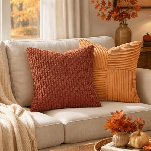 MIULEE Fall Decorative Throw Pillow Covers 16x16 Rust Textured Corduroy - Image 2