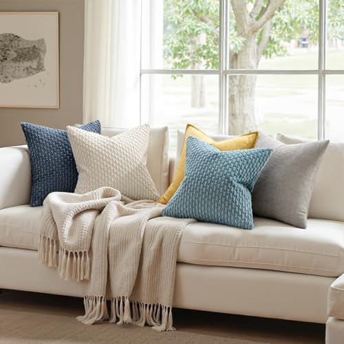 MIULEE Decorative Throw Pillow Covers 20x20 Blue Textured Corduroy - Image 3