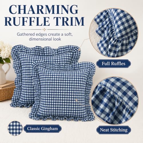 Gingham Throw Pillow Covers 22x22, Ruffle Trim - Image 4