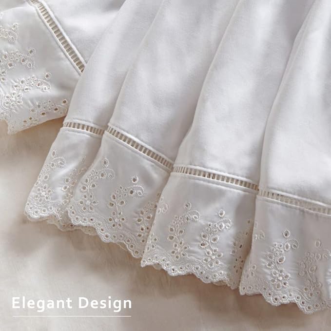 MIYE Wrap Around Ruffled Lace Bed Skirt, Elastic Dust Ruffle with Adjustable Belts, Easy to Put On, Bed Frame Cover, Machine Washable (Embroidered/White, King/Queen-18 Drop)