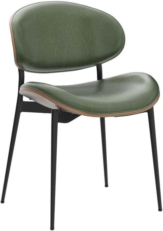 Art Leon Dining Chairs Set of 4, Walnut Bentwood, Mid Century Modern Chair, Green Faux Leather Kitchen Dining Room Chairs with Black Metal Legs, Accent Chairs for Bedroom