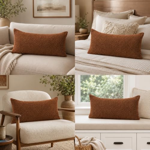 JoraLion 16x24 inch Boucle Lumbar Pillow Cover, Rust Woven Texture Neutral Long - Image 3