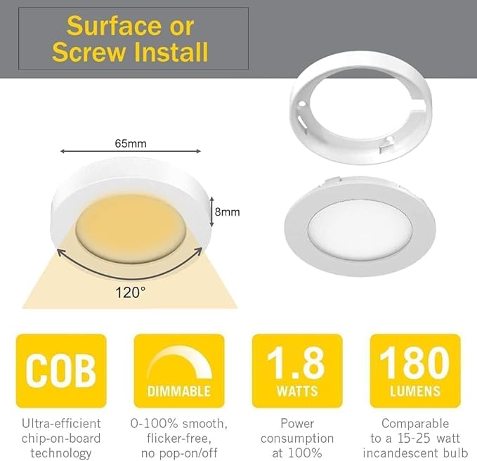 VST Under Cabinet Lighting Plug in with Wired Touch Dimmer Switch,Recessed or Surface Mount Design,Natural White 4000K 12V 2W(20W Total, 10 Pack White) Puck Lights Fixtures
