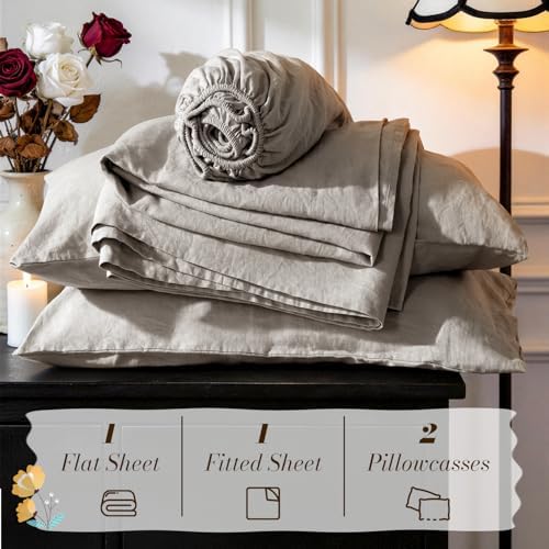 SONORO KATE 100% French Linen King Size Sheets Set, Natural Flax Bedding - Image 7
