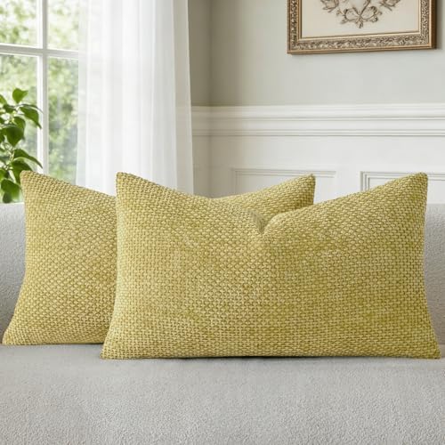 a moment Yellow-Green Chenille Throw Pillow Covers 12x20 Inch Pack of 2 Modern by amoment
