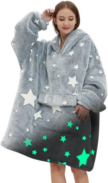 Glow in The Dark Wearable Blanket Hoodie for Adult,Oversized Sherpa Fleece Blanket Hoodie for Women Men,Luminous Stars
