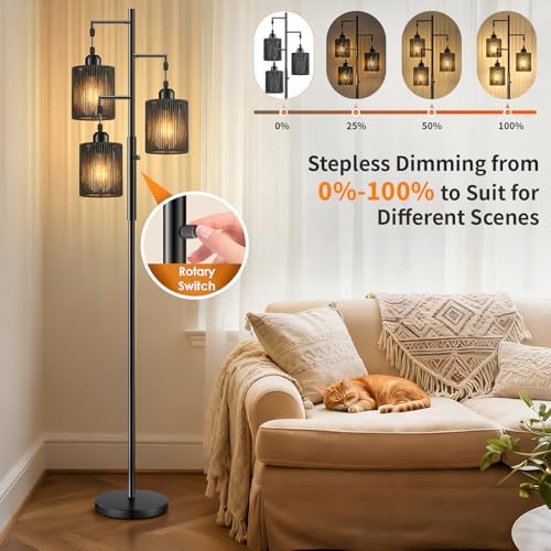 Hotsonic 72" Boho Rattan Tree Floor Lamp, Tall Dimmable Industrial Standing Lamp, Corner Decor Accent Lighting for Living Room, Bedroom, Dining Room, Nursery, Cafe (3 x 800LM Bulbs Included) - Black - Image 4