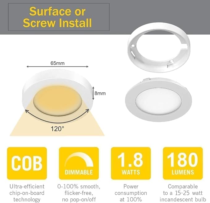 VST Under Cabinet Lighting Plug in with Wired Touch Dimmer Switch,Recessed or Surface Mount Design,Warm White 3000K 12V 2W(20W Total, 10 Pack White) Puck Lights Fixtures