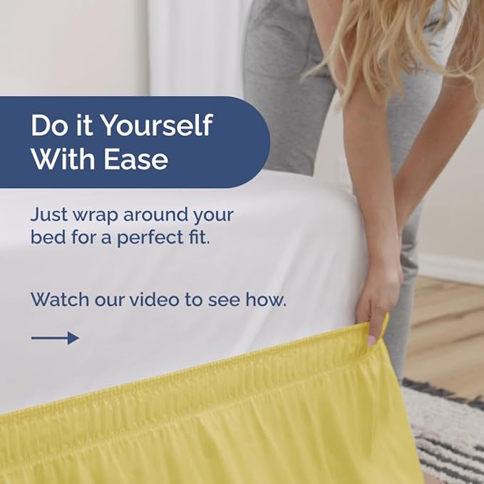 Wrap Around Dust Ruffle Bed Skirt - Yellow - for Queen Size Beds with 12 Inch Drop - Easy Fit Elastic Strap - Adjustable Pleated Bedskirt w/Brushed Fabric Wrinkle Free - for Women, Men, Kids & Teens