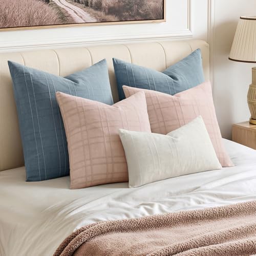 MIULEE Linen Plaid Pillow Covers Decorative 20x20 Light Pink - Image 5