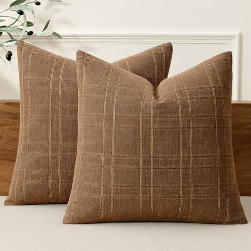 MIULEE Linen Plaid Pillow Covers Fall Decorative 20x20 Camel Brown by MIULEE