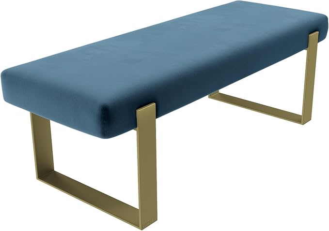 VANT Upholstered Bed Bench - Velvet Peacock Blue- Burnished Brass - Contemporary Modern, Bedroom Bench Seat, Hallway, or Entryway