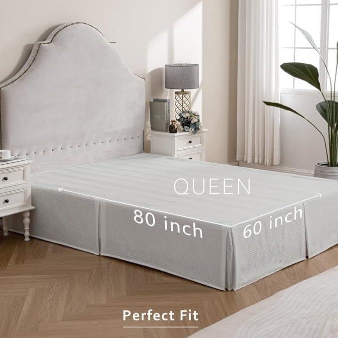 MIYE Pleated Waffle Weave Bed Skirt, Tailored Dust Ruffle 16 Inch Drop Easy Fit, Machine Washable (Light Grey, Queen - 16" Drop)