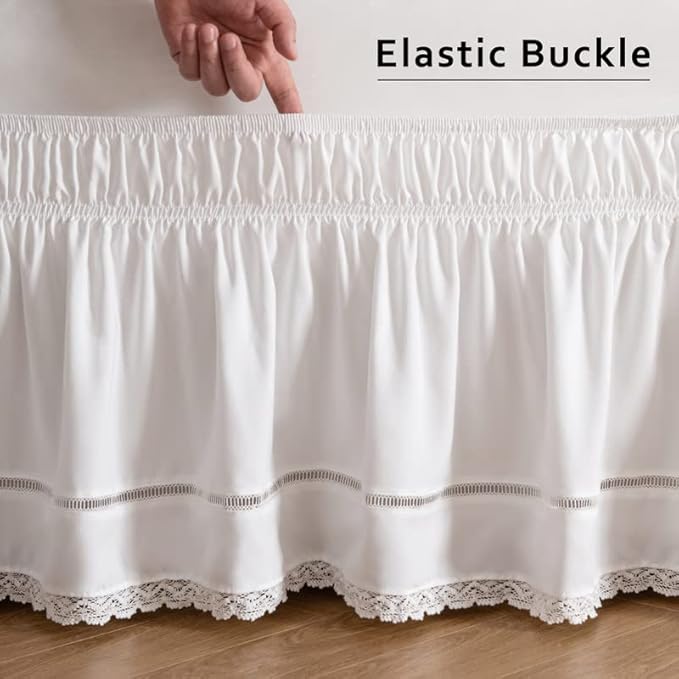 MIYE Wrap Around Ruffled Lace Bed Skirt, Elastic Dust Ruffle with Adjustable Belts, Easy to Put On, Bed Frame Cover, Machine Washable (Floral Lace/White, King/Queen-12.5" Drop)