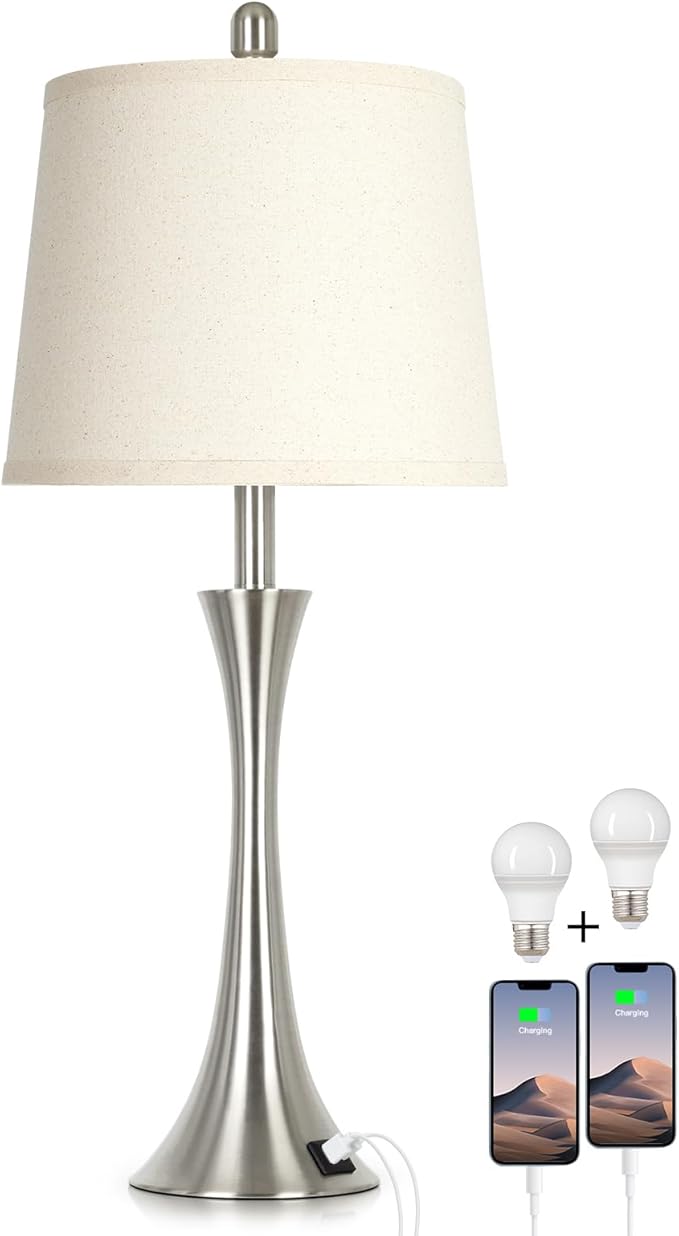 27.5" Silver Table Lamps, Touch Bedside Lamps with USB C+A Ports, 3 Way Dimmable Nightstand Lamps for Bedroom, Living Room, Office, Silver Lamp with Beige Lampshade, Bulbs Included (1 Pack)