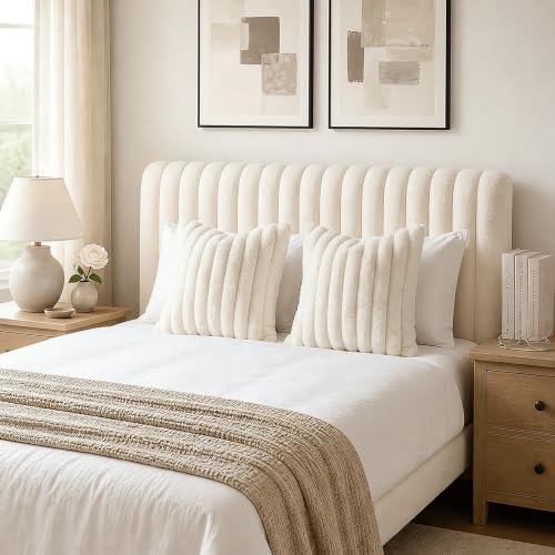 decorUhome Fall Faux Fur Throw Pillow Covers 16x16 Set of 2 Cream White - Image 6