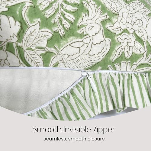 CPC Block Print Olive Green Ruffle Cotton Lumbar Pillow Cover 14x36 inch - Image 3