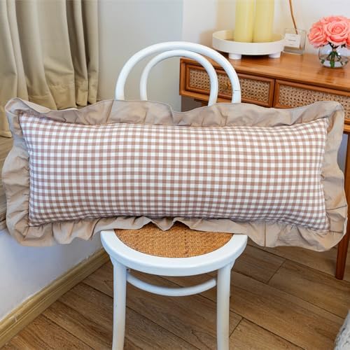 JoraLion Ruffled Lumbar Pillow Cover 14x36 Gingham Khaki Solid Edge - Image 2