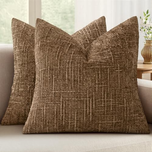 MIULEE Chenille Textured Fall Throw Pillow Covers Toffee 18x18 Set of 2 by MIULEE