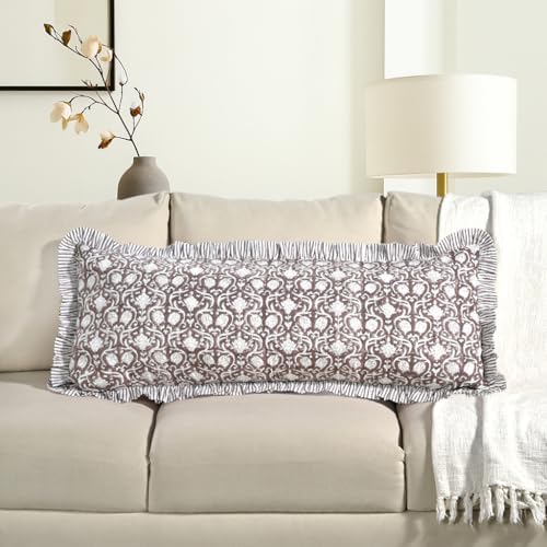 CPC Block Print Mocha Regal Ruffle Cotton Lumbar Pillow Cover 14x36 inch by COTTONPRINTCLUB