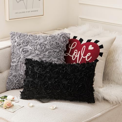 MIULEE Decorative Rose Flower Pillow Cover Pack of 1 Black 12x20 Inch - Image 4