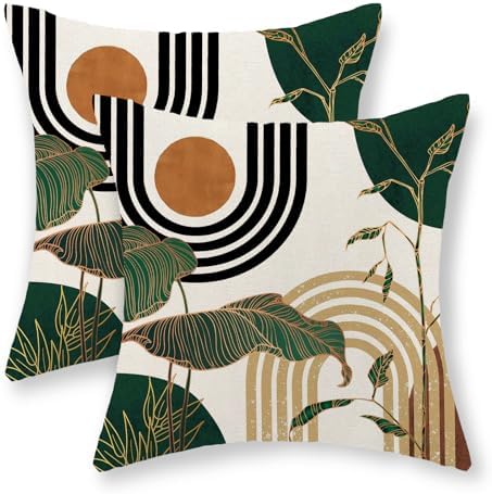 Boho Green Pillow Covers 18x18 Set of 2 Green Gold Leaf Tropical Mid Century by GOLIANDA