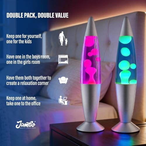 JAMBO 2 Pack- 16" Beautiful Lamp- Blue with Yellow/Green Wax and Purple with Pink Wax, Relaxing Liquid Lamp, Night Light Nightlight, Lamps for Adults Teens Kid - Image 3