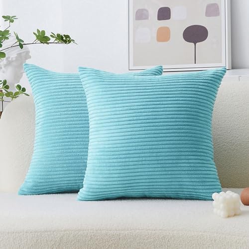 Home Brilliant Turquoise Pillow Covers Striped Corduroy Plush Texture Velvet by HomeBrilliant