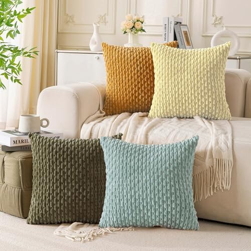 Set of 4 Pale Yellow Decorative Throw Pillow Covers 18x18 Inch Corduroy Pillow - Image 3
