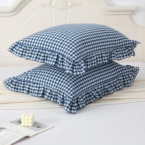 Mywinlle Navy Blue/White Gingham Plaid Euro Pillow Shams Set of 2 - Image 3