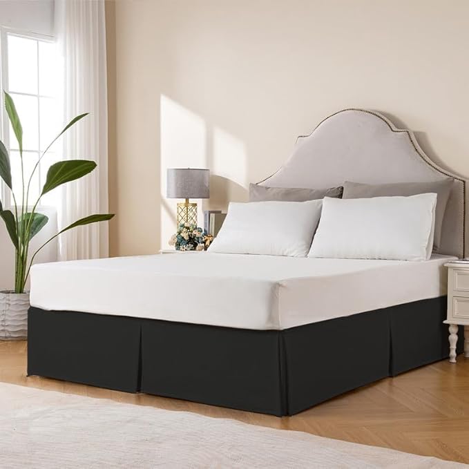 MIYE Pleated Waffle Weave Bed Skirt, Tailored Dust Ruffle 18 Inch Drop Easy Fit, Machine Washable (Black, King - 18" Drop)