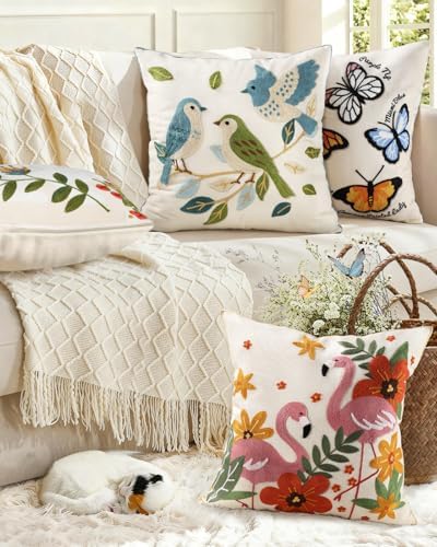 Animal Embroidered Throw Pillow Cover 18x18 Inch, Floral Birds - Image 6