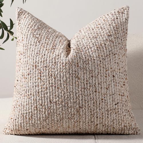 DEZENE 22x22 Beige Throw Pillow Cover Textured Boucle Striped Chic Morden Boho by DEZENE