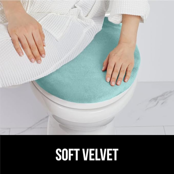 GORILLA GRIP Thick Memory Foam Bathroom Toilet Lid Seat Cover, Soft Velvet Topside, Machine Wash, Plush Cushioned Covers Fits Most Size Lids, Decorative Bath Room Accessories, 19.5x18.5, Seablue