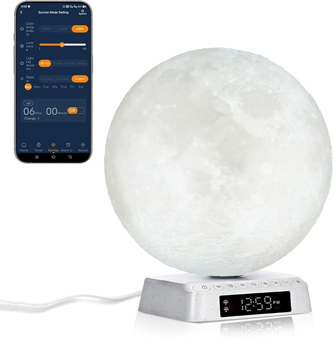 Light Alarm Clock Wake up Light Bioclock Adjustment Sunrise Alarm Clock Awakening lamp Bedside lamp Table lamp Nightstand Lamp Moon-Shaped & APP-Supported