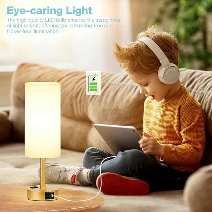 Fenmzee Gold Touch Lamp for Bedroom- 3 Way Dimmable Bedside Lamp USB C A Charging Ports and AC Outlet, Small Table Lamp White Linen Lampshade for Gift, LED Bulb Included