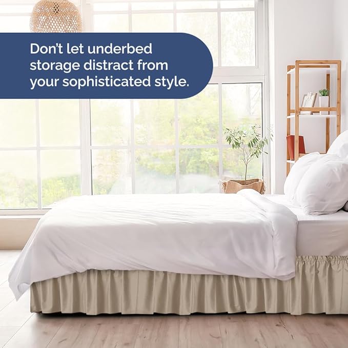 Wrap Around Dust Ruffle Bed Skirt - Cream - for Twin Size Beds w/ 14 Inch Drop - Easy Fit Elastic Strap - Adjustable Pleated Bedskirt w/Brushed Fabric, Wrinkle & Fade Free Women, Men, Kids & Teens