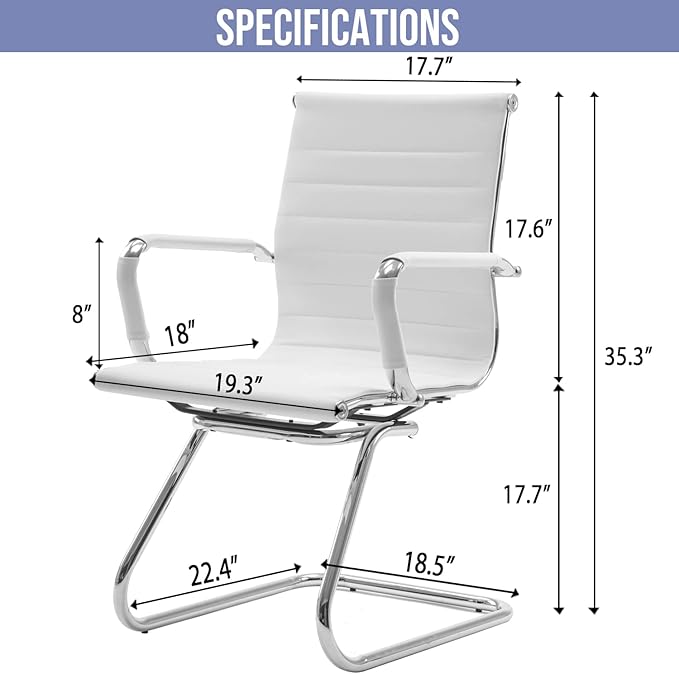 Wahson Office Guest Chairs Set of 4, Leather Reception Chairs, Mid Back Waiting Room Chair, Conference Chairs with Sled Base, Desk Chair No Wheels for Meeting/Lobby/Restroom, White