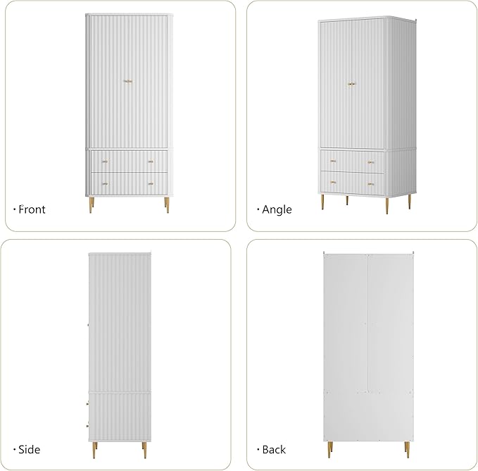 HLR 72" Modern Armoire Wardrobe Closet with Doors and Drawers, Bedroom Armoire Cabinet with Hanging Rod, Wooden Clothing Storage Cabinet Set of 2,White